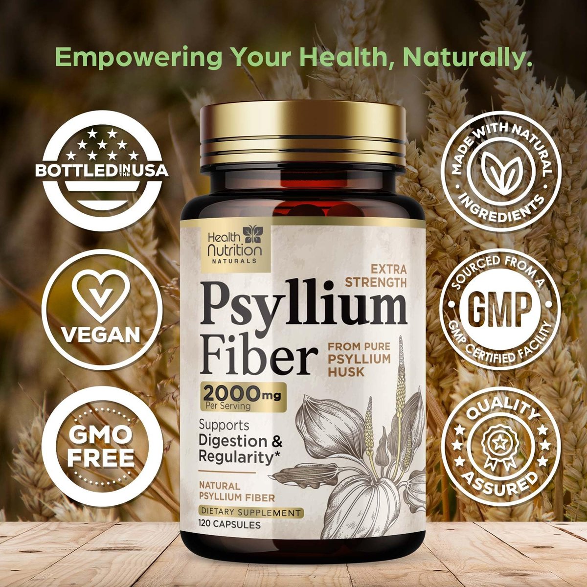 Psyllium Husk Kapseln - Extra starke 2000 mg pro Portion - Ballaststoffergänzung für tägliche Verdauung und Regelmäßigkeit - Natürliche Psylliumfasern - Hergestellt in den USA - 120 Kapseln