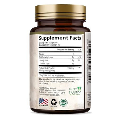 Psyllium Husk Kapseln - Extra starke 2000 mg pro Portion - Ballaststoffergänzung für tägliche Verdauung und Regelmäßigkeit - Natürliche Psylliumfasern - Hergestellt in den USA - 120 Kapseln