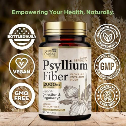 Psyllium Husk Kapseln - Extra starke 2000 mg pro Portion - Ballaststoffergänzung für tägliche Verdauung und Regelmäßigkeit - Natürliche Psylliumfasern - Hergestellt in den USA - 120 Kapseln