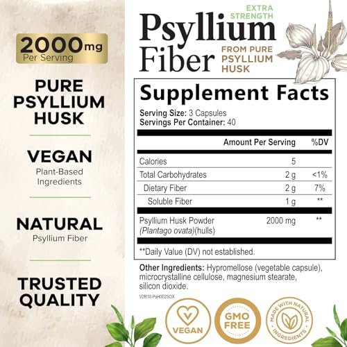 Psyllium Husk Kapseln - Extra starke 2000 mg pro Portion - Ballaststoffergänzung für tägliche Verdauung und Regelmäßigkeit - Natürliche Psylliumfasern - Hergestellt in den USA - 120 Kapseln
