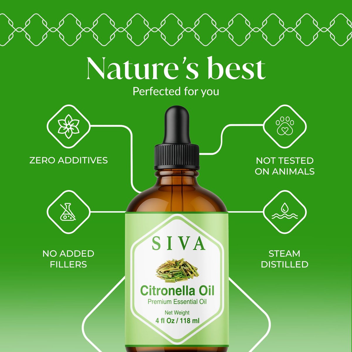 Siva Citronella Ätherisches Öl - 118 ml – 100% Naturreines Citronellaöl - für Diffuser, Gesicht, Hautpflege, Aromatherapie, Haarpflege, Kopfhaut und Körpermassage - mit Pipette