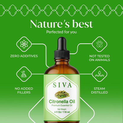 Siva Citronella Ätherisches Öl - 118 ml – 100% Naturreines Citronellaöl - für Diffuser, Gesicht, Hautpflege, Aromatherapie, Haarpflege, Kopfhaut und Körpermassage - mit Pipette