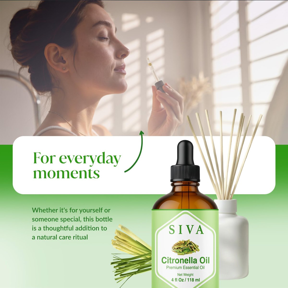 Siva Citronella Ätherisches Öl - 118 ml – 100% Naturreines Citronellaöl - für Diffuser, Gesicht, Hautpflege, Aromatherapie, Haarpflege, Kopfhaut und Körpermassage - mit Pipette