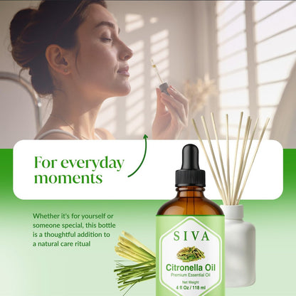 Siva Citronella Ätherisches Öl - 118 ml – 100% Naturreines Citronellaöl - für Diffuser, Gesicht, Hautpflege, Aromatherapie, Haarpflege, Kopfhaut und Körpermassage - mit Pipette