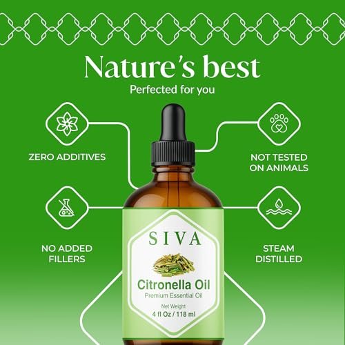 Siva Citronella Ätherisches Öl - 118 ml – 100% Naturreines Citronellaöl - für Diffuser, Gesicht, Hautpflege, Aromatherapie, Haarpflege, Kopfhaut und Körpermassage - mit Pipette
