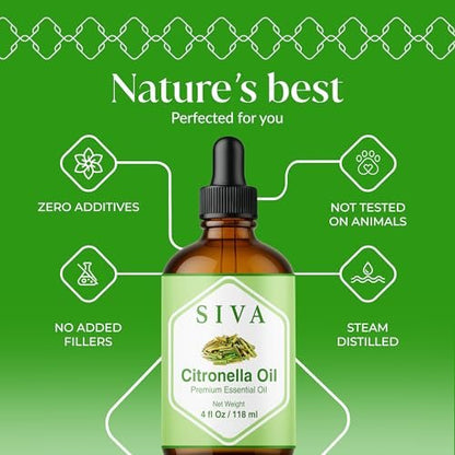 Siva Citronella Ätherisches Öl - 118 ml – 100% Naturreines Citronellaöl - für Diffuser, Gesicht, Hautpflege, Aromatherapie, Haarpflege, Kopfhaut und Körpermassage - mit Pipette