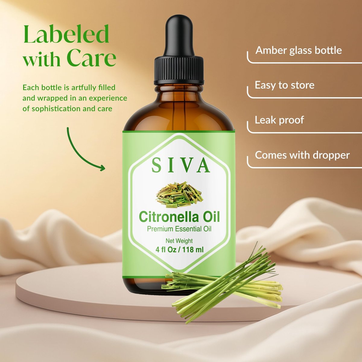 Siva Citronella Ätherisches Öl - 118 ml – 100% Naturreines Citronellaöl - für Diffuser, Gesicht, Hautpflege, Aromatherapie, Haarpflege, Kopfhaut und Körpermassage - mit Pipette