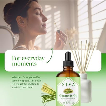Siva Citronella Ätherisches Öl - 118 ml – 100% Naturreines Citronellaöl - für Diffuser, Gesicht, Hautpflege, Aromatherapie, Haarpflege, Kopfhaut und Körpermassage - mit Pipette