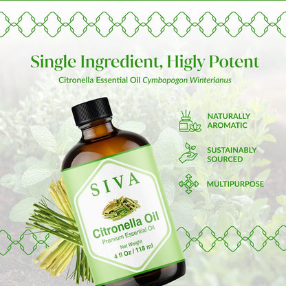 Siva Citronella Ätherisches Öl - 118 ml – 100% Naturreines Citronellaöl - für Diffuser, Gesicht, Hautpflege, Aromatherapie, Haarpflege, Kopfhaut und Körpermassage - mit Pipette