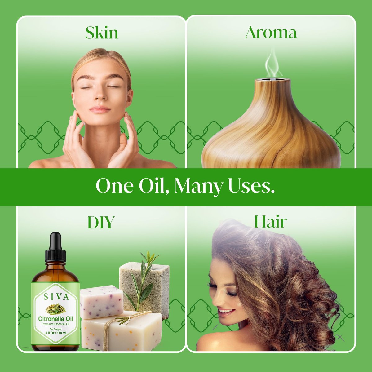 Siva Citronella Ätherisches Öl - 118 ml – 100% Naturreines Citronellaöl - für Diffuser, Gesicht, Hautpflege, Aromatherapie, Haarpflege, Kopfhaut und Körpermassage - mit Pipette