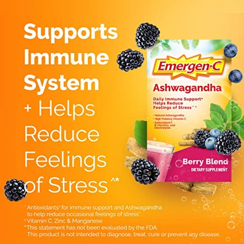 Emergen-C Vitamin C Ashwagandha Drinkmischung – Immununterstützung mit Berries-Geschmack, 18 Portionen