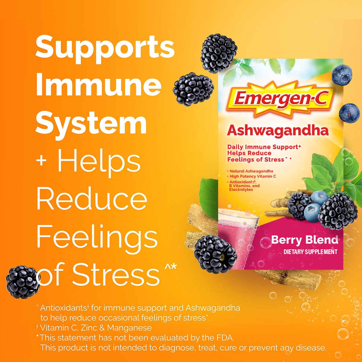 Emergen-C Vitamin C Ashwagandha Drinkmischung – Immununterstützung mit Berries-Geschmack, 18 Portionen