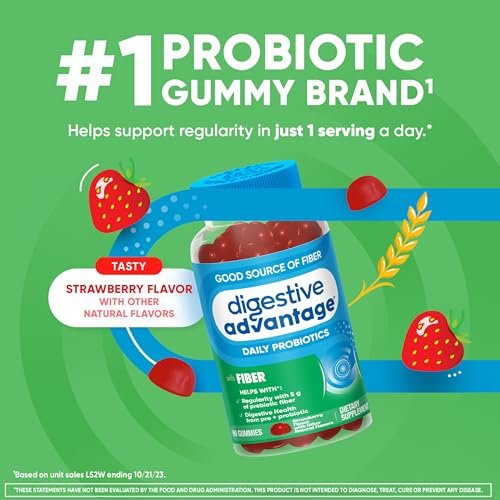Digestive Advantage Präbiotikum mit Probiotika – Ballaststoff-Gummis für Männer & Frauen, 60 Stück Erdbeergeschmack