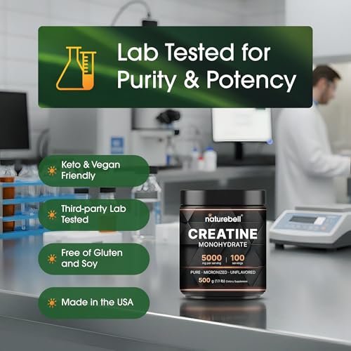 NatureBell Micronisiertes Kreatin-Monohydrat-Pulver – 500 g – 5000 mg Kreatin für Frauen & Männer – ungewürztes Pulver – leicht zu mischen – Unterstützung vor und nach dem Training – vegan, keto-freundlich – drittanbietergeprüft