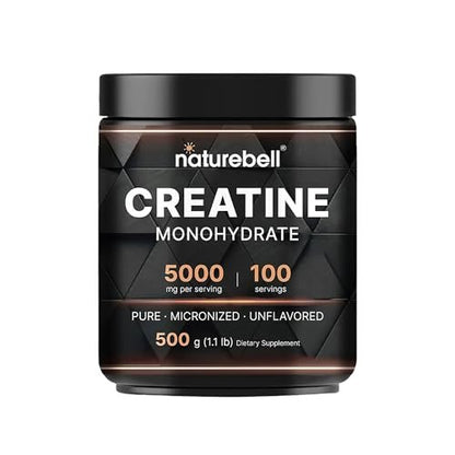 NatureBell Micronisiertes Kreatin-Monohydrat-Pulver – 500 g – 5000 mg Kreatin für Frauen & Männer – ungewürztes Pulver – leicht zu mischen – Unterstützung vor und nach dem Training – vegan, keto-freundlich – drittanbietergeprüft