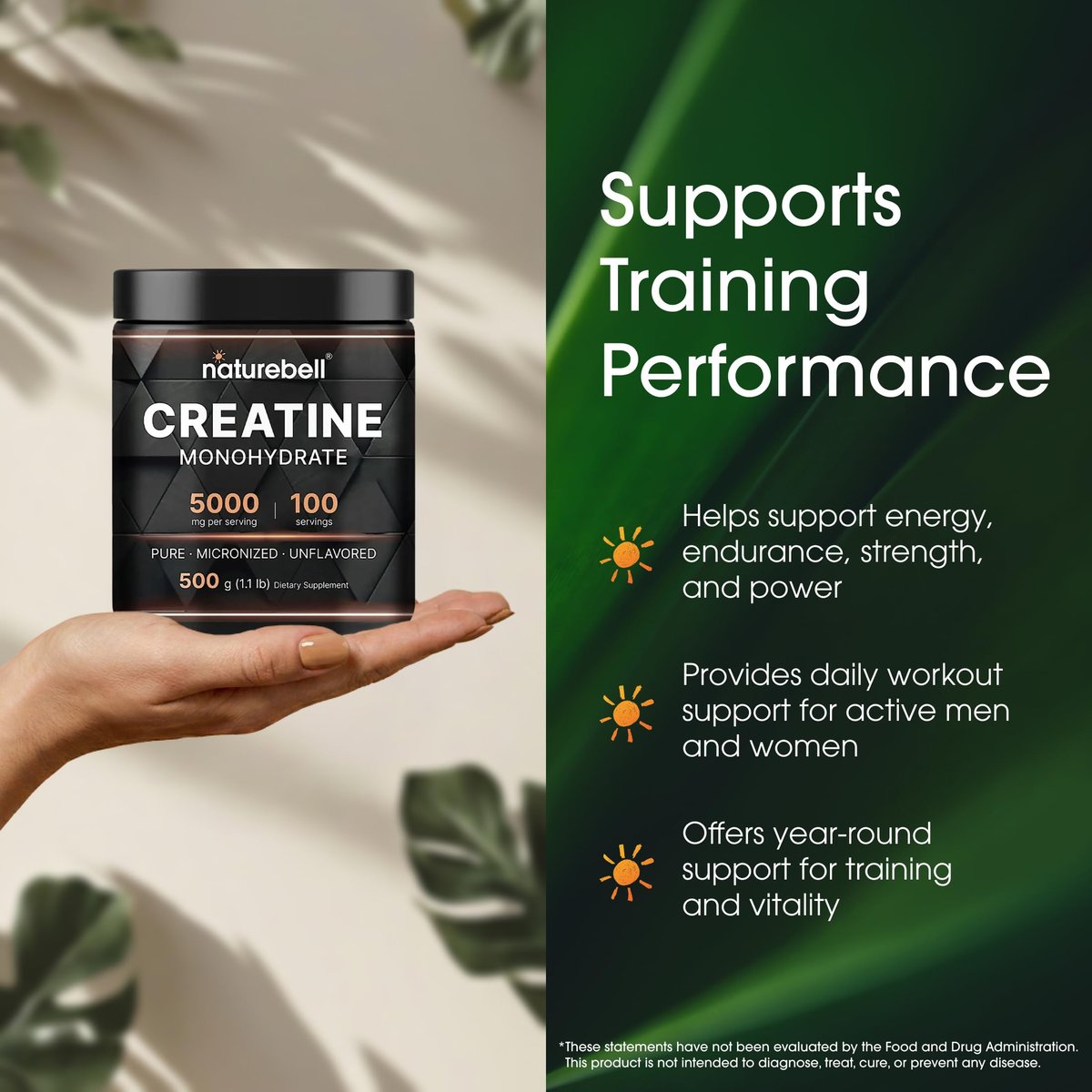 NatureBell Micronisiertes Kreatin-Monohydrat-Pulver – 500 g – 5000 mg Kreatin für Frauen & Männer – ungewürztes Pulver – leicht zu mischen – Unterstützung vor und nach dem Training – vegan, keto-freundlich – drittanbietergeprüft