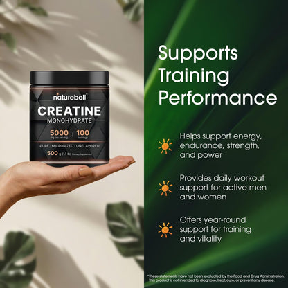 NatureBell Micronisiertes Kreatin-Monohydrat-Pulver – 500 g – 5000 mg Kreatin für Frauen & Männer – ungewürztes Pulver – leicht zu mischen – Unterstützung vor und nach dem Training – vegan, keto-freundlich – drittanbietergeprüft
