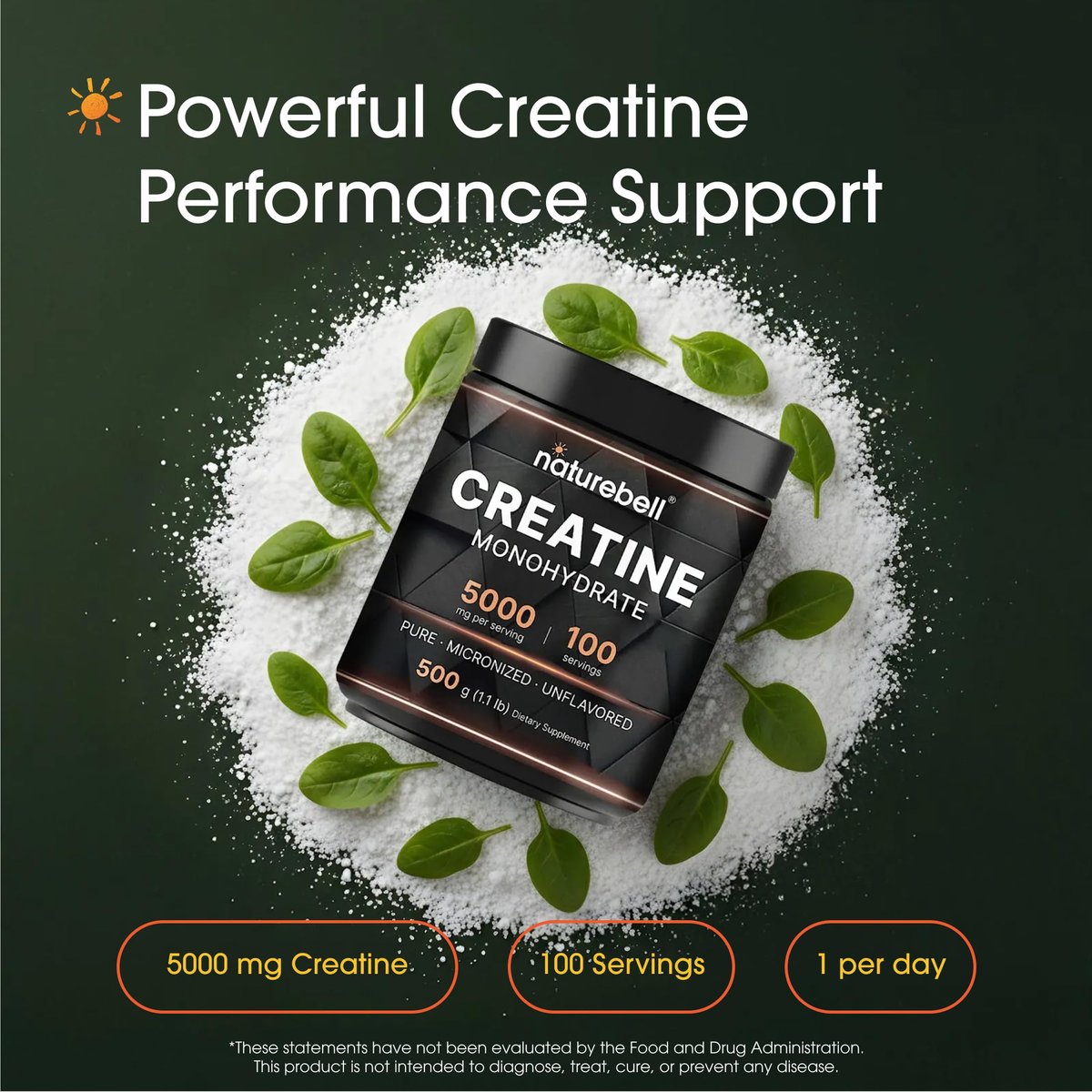 NatureBell Micronisiertes Kreatin-Monohydrat-Pulver – 500 g – 5000 mg Kreatin für Frauen & Männer – ungewürztes Pulver – leicht zu mischen – Unterstützung vor und nach dem Training – vegan, keto-freundlich – drittanbietergeprüft