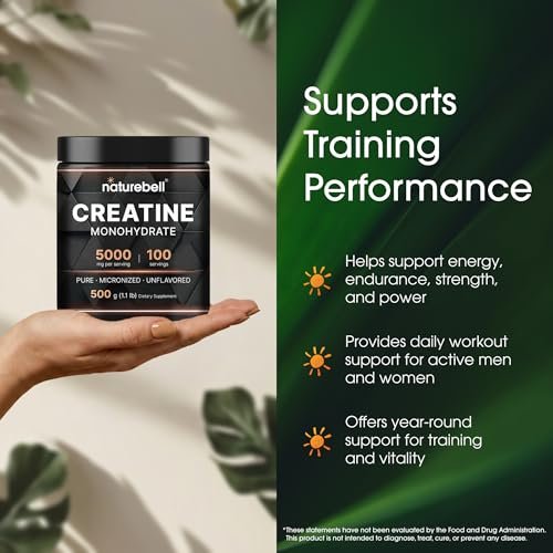 NatureBell Micronisiertes Kreatin-Monohydrat-Pulver – 500 g – 5000 mg Kreatin für Frauen & Männer – ungewürztes Pulver – leicht zu mischen – Unterstützung vor und nach dem Training – vegan, keto-freundlich – drittanbietergeprüft