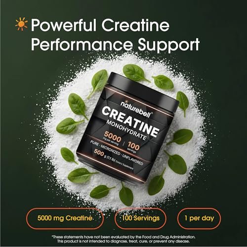 NatureBell Micronisiertes Kreatin-Monohydrat-Pulver – 500 g – 5000 mg Kreatin für Frauen & Männer – ungewürztes Pulver – leicht zu mischen – Unterstützung vor und nach dem Training – vegan, keto-freundlich – drittanbietergeprüft