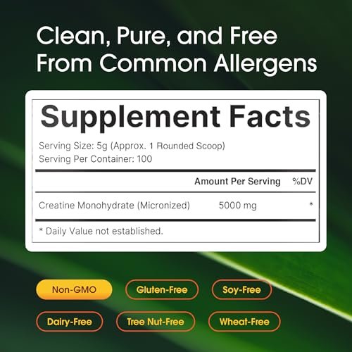 NatureBell Micronisiertes Kreatin-Monohydrat-Pulver – 500 g – 5000 mg Kreatin für Frauen & Männer – ungewürztes Pulver – leicht zu mischen – Unterstützung vor und nach dem Training – vegan, keto-freundlich – drittanbietergeprüft