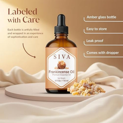 Siva Frankincense Ätherisches Öl - 118 ml – 100% natürliches Boswellia Serrata Öl - für Diffuser, Gesicht, Hautpflege, Aromatherapie, Haarpflege, Kopfhaut und Körpermassage - mit Pipette