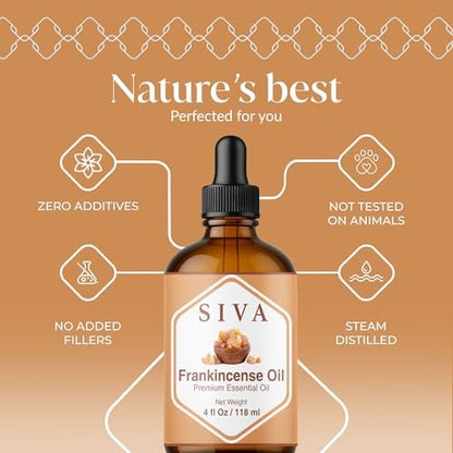 Siva Frankincense Ätherisches Öl - 118 ml – 100% natürliches Boswellia Serrata Öl - für Diffuser, Gesicht, Hautpflege, Aromatherapie, Haarpflege, Kopfhaut und Körpermassage - mit Pipette