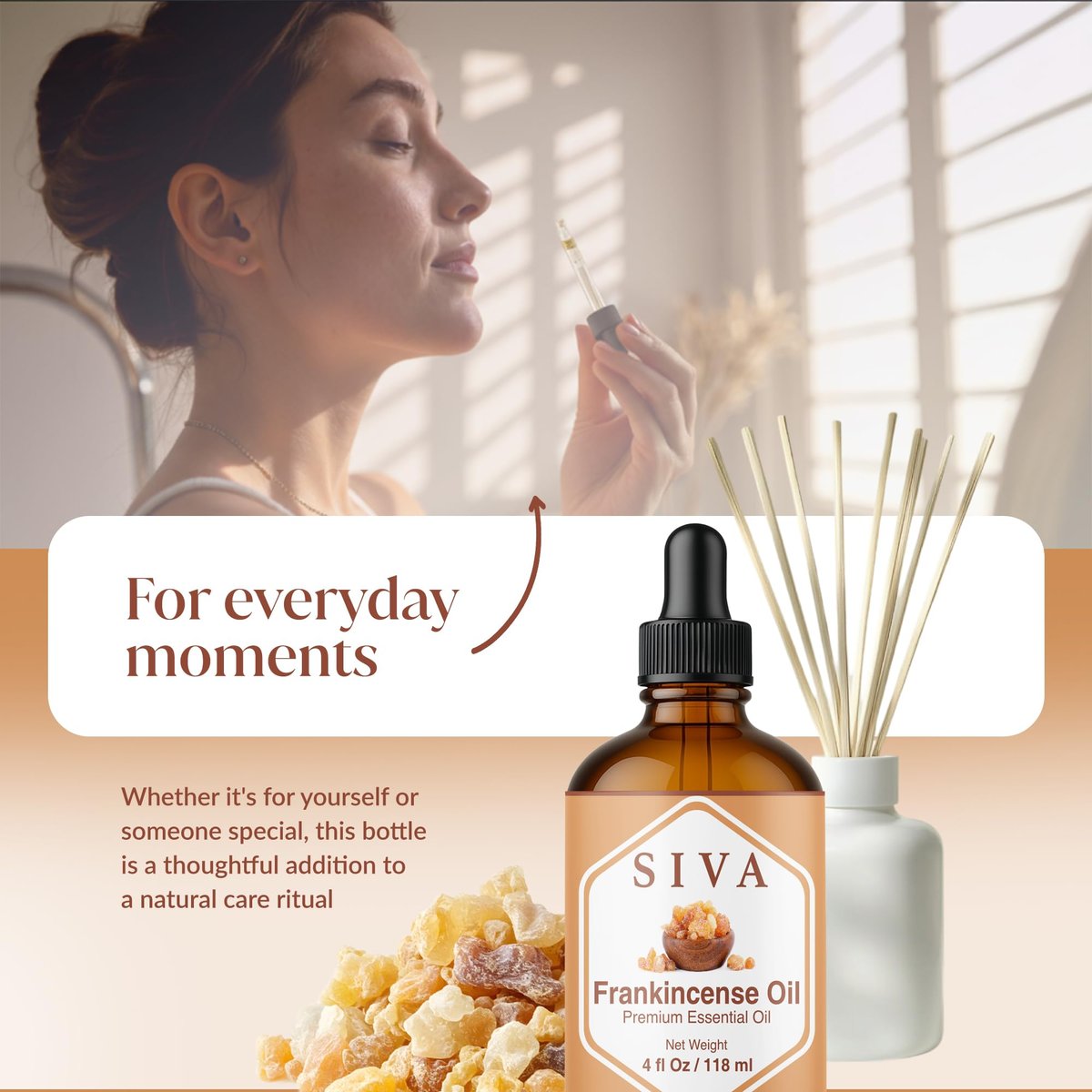 Siva Frankincense Ätherisches Öl - 118 ml – 100% natürliches Boswellia Serrata Öl - für Diffuser, Gesicht, Hautpflege, Aromatherapie, Haarpflege, Kopfhaut und Körpermassage - mit Pipette