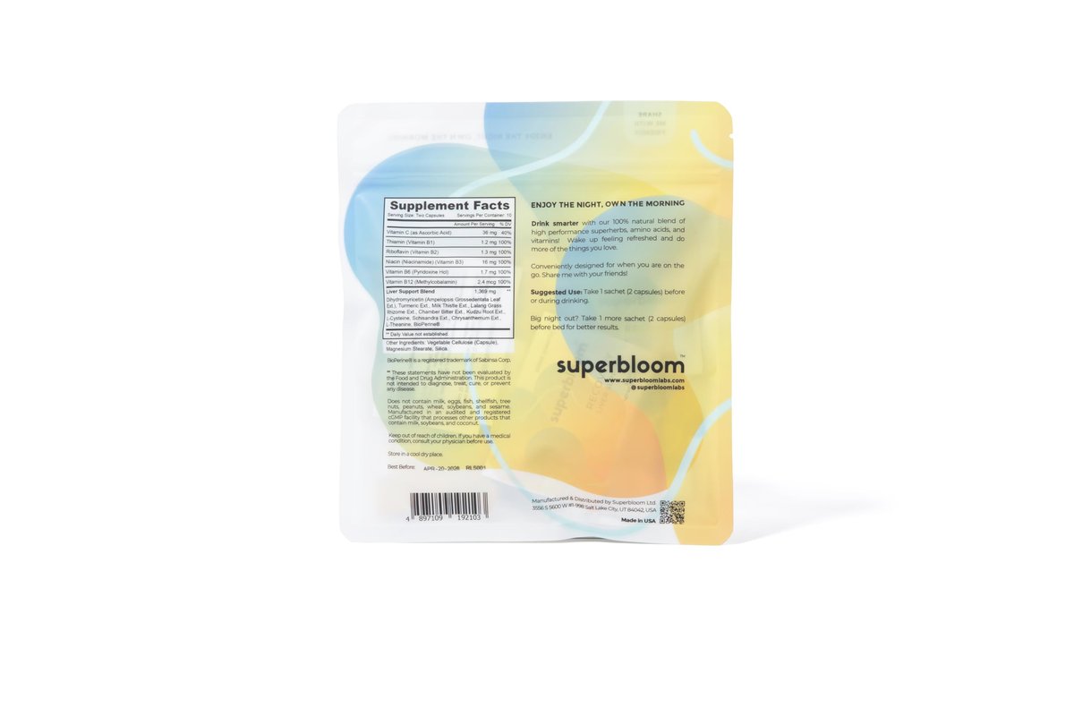 superbloom Recovery Leberunterstützung | Leberentgiftung mit DHM, Kurkuma, Mariendistel | 10 Sachets, 20 Kapseln | Genieße die Nacht, meistere den Morgen