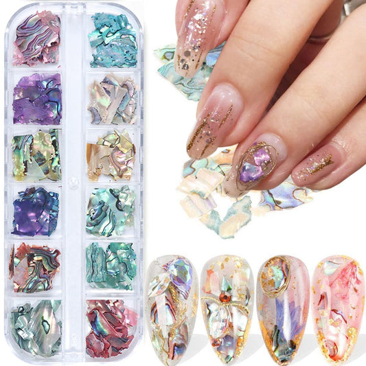 Abalone Muscheln Nail Art Sequins, 3D unregelmäßige dünne Nagelglitzer Flakes Design, Meerjungfrau Muschel Scheiben Dekorationen UV Gel Glänzende Accessoires, Ozean Nieten Acryl Nagelzubehör für Frauen und Mädchen