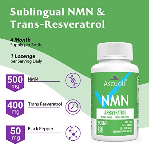 Sublinguales NMN 500 mg + Trans-Resveratrol 400 mg, 3-in-1 Advanced Formula 99% Reines NMN Resveratrol Präparat zur Steigerung von NAD*, Zellen, Immunsystem, Energie & Muskeln, Anti-Aging, 120 Lutschtabletten (120-Tage-Vorrat)