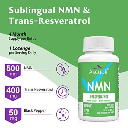 Sublinguales NMN 500 mg + Trans-Resveratrol 400 mg, 3-in-1 Advanced Formula 99% Reines NMN Resveratrol Präparat zur Steigerung von NAD*, Zellen, Immunsystem, Energie & Muskeln, Anti-Aging, 120 Lutschtabletten (120-Tage-Vorrat)