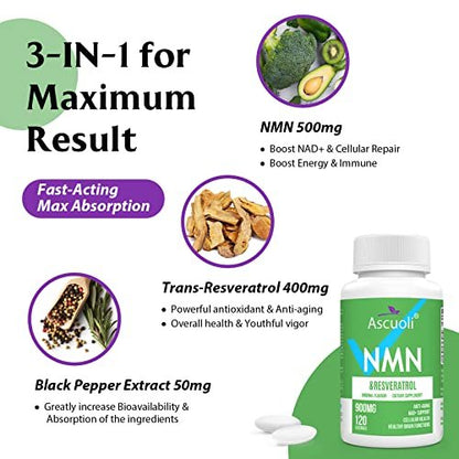 Sublinguales NMN 500 mg + Trans-Resveratrol 400 mg, 3-in-1 Advanced Formula 99% Reines NMN Resveratrol Präparat zur Steigerung von NAD*, Zellen, Immunsystem, Energie & Muskeln, Anti-Aging, 120 Lutschtabletten (120-Tage-Vorrat)