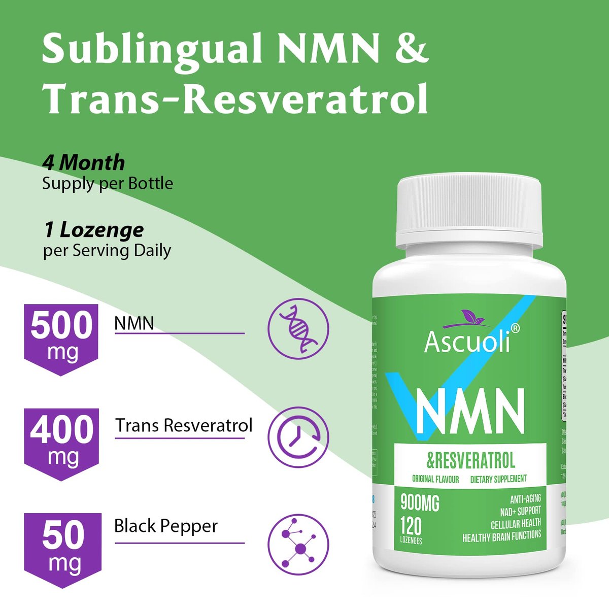 Sublinguales NMN 500 mg + Trans-Resveratrol 400 mg, 3-in-1 Advanced Formula 99% Reines NMN Resveratrol Präparat zur Steigerung von NAD*, Zellen, Immunsystem, Energie & Muskeln, Anti-Aging, 120 Lutschtabletten (120-Tage-Vorrat)