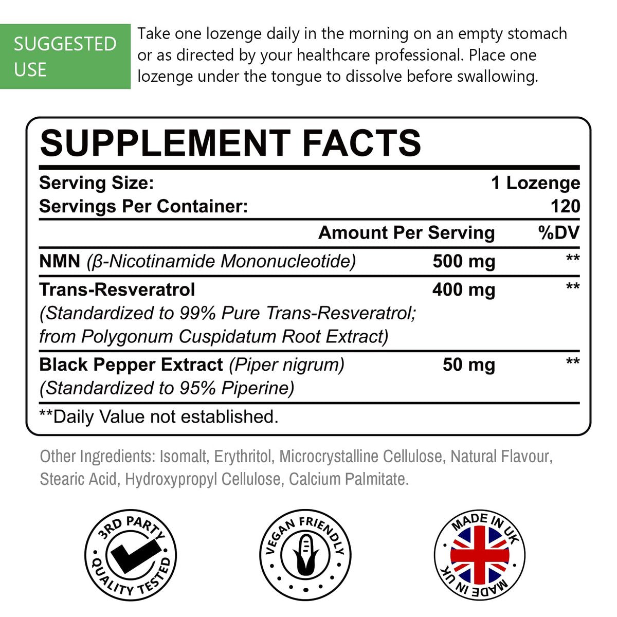 Sublinguales NMN 500 mg + Trans-Resveratrol 400 mg, 3-in-1 Advanced Formula 99% Reines NMN Resveratrol Präparat zur Steigerung von NAD*, Zellen, Immunsystem, Energie & Muskeln, Anti-Aging, 120 Lutschtabletten (120-Tage-Vorrat)