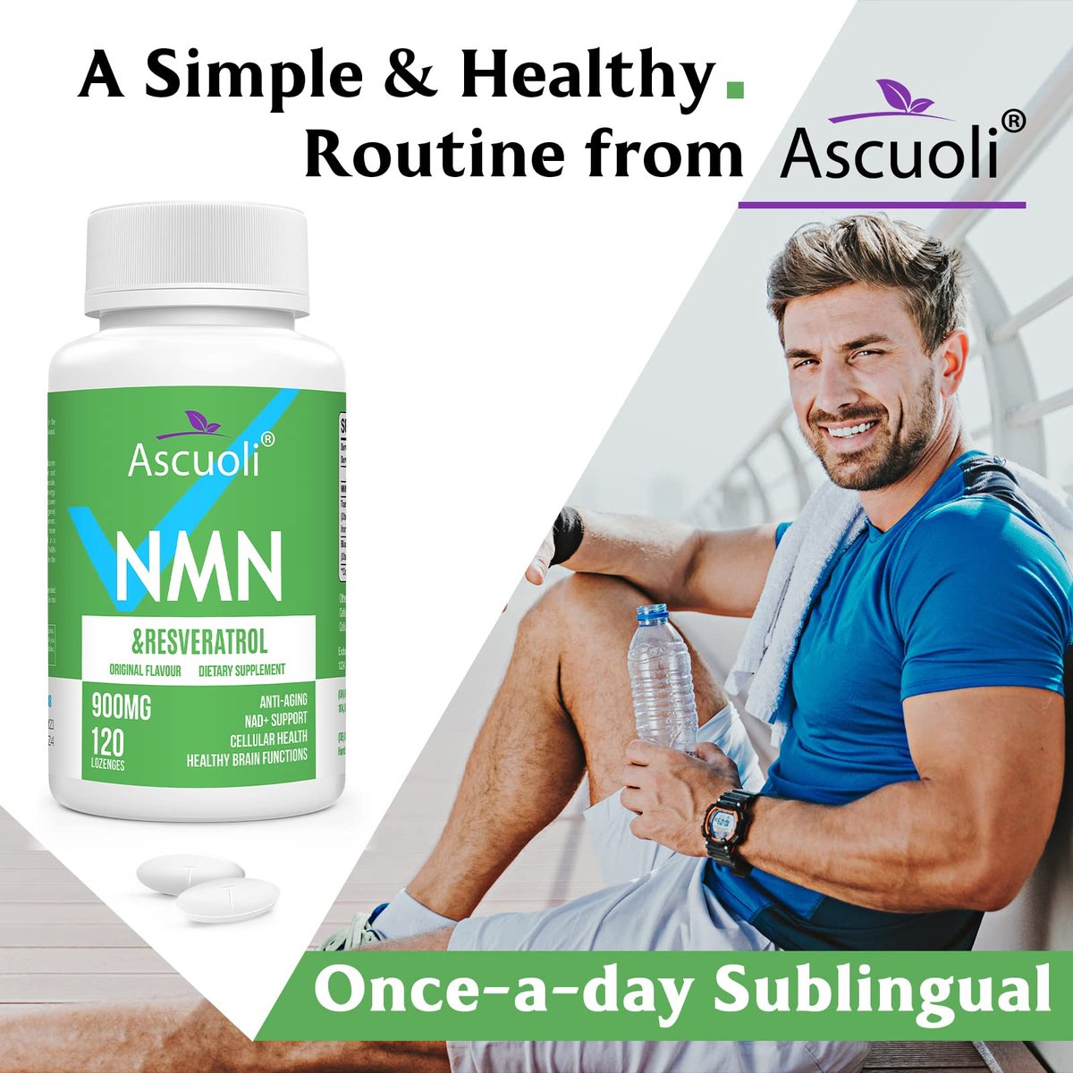 Sublinguales NMN 500 mg + Trans-Resveratrol 400 mg, 3-in-1 Advanced Formula 99% Reines NMN Resveratrol Präparat zur Steigerung von NAD*, Zellen, Immunsystem, Energie & Muskeln, Anti-Aging, 120 Lutschtabletten (120-Tage-Vorrat)