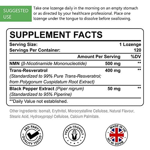 Sublinguales NMN 500 mg + Trans-Resveratrol 400 mg, 3-in-1 Advanced Formula 99% Reines NMN Resveratrol Präparat zur Steigerung von NAD*, Zellen, Immunsystem, Energie & Muskeln, Anti-Aging, 120 Lutschtabletten (120-Tage-Vorrat)