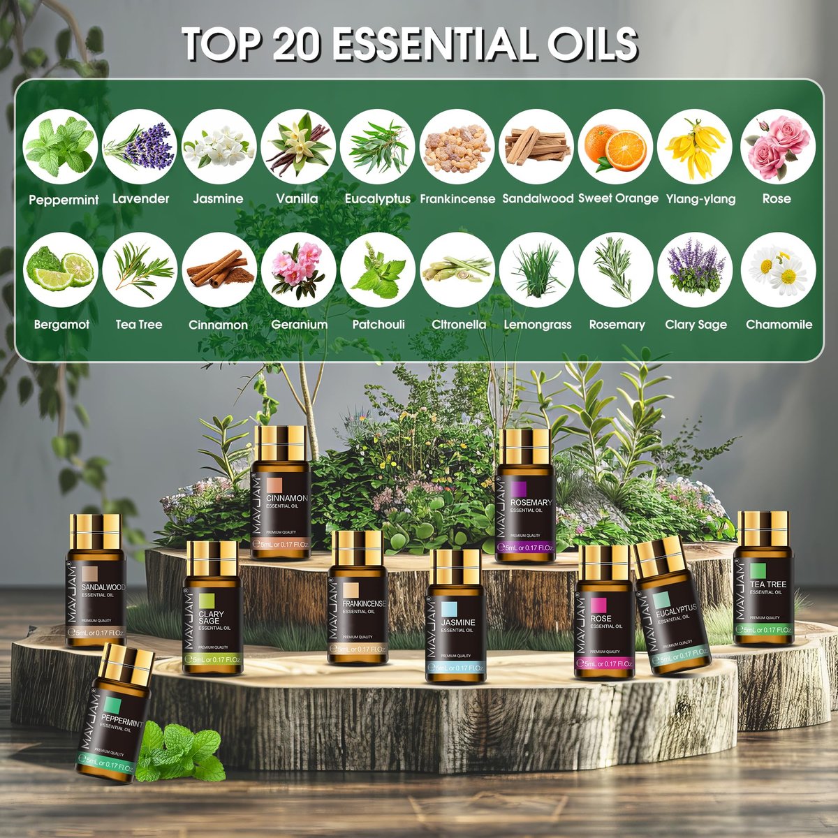 MAYJAM 20-teiliges Teebaum-Ätherisches Öl Geschenkset, reine Duftöle für Diffuser, Luftbefeuchter, Hautpflege, Massage, DIY Kerzen- und Seifenherstellung, Geschenk für Freunde (5 ml)