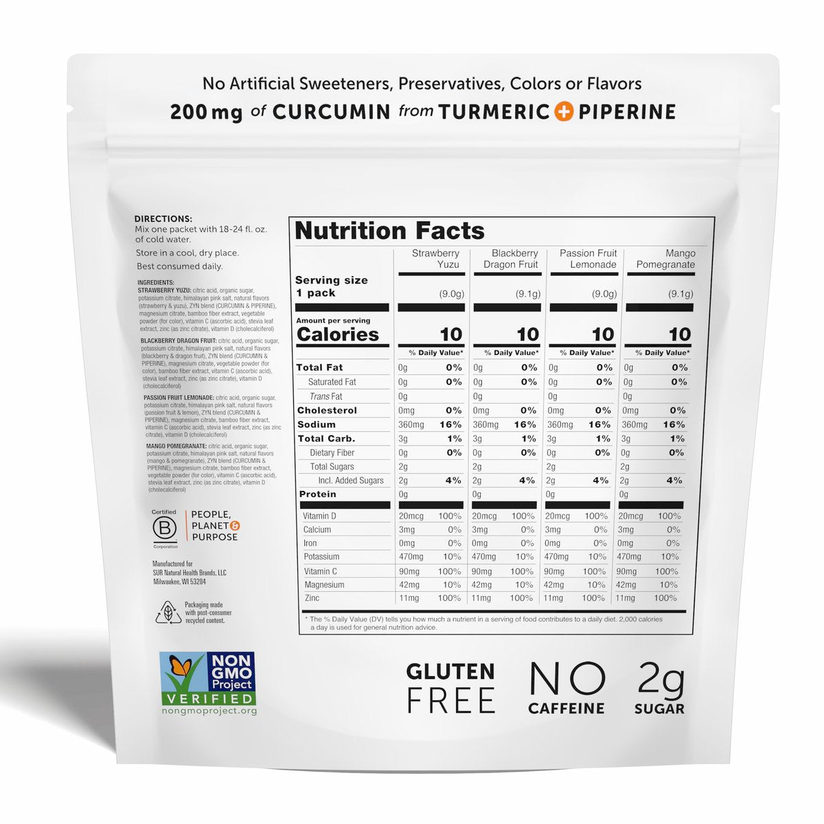 ZYN Electrolyte Drink Mix Hydration Packets – Hydratationspulver mit Kurkuma, Curcumin, Vitamin C, D und Zink – Wellness-Variation, 8er-Pack