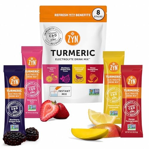 ZYN Electrolyte Drink Mix Hydration Packets – Hydratationspulver mit Kurkuma, Curcumin, Vitamin C, D und Zink – Wellness-Variation, 8er-Pack