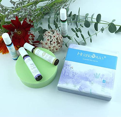 HERBROMAS Aromatherapie Öle Roller Set – 4x0,33 fl.oz natürliche Roll-On Mischungen für Schlaf, Atmung, Fokus und Stressabbau – Geschenk für Frauen und Männer