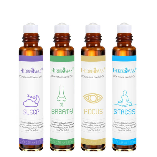 HERBROMAS Aromatherapie Öle Roller Set – 4x0,33 fl.oz natürliche Roll-On Mischungen für Schlaf, Atmung, Fokus und Stressabbau – Geschenk für Frauen und Männer