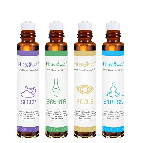 HERBROMAS Aromatherapie Öle Roller Set – 4x0,33 fl.oz natürliche Roll-On Mischungen für Schlaf, Atmung, Fokus und Stressabbau – Geschenk für Frauen und Männer