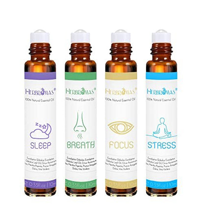 HERBROMAS Aromatherapie Öle Roller Set – 4x0,33 fl.oz natürliche Roll-On Mischungen für Schlaf, Atmung, Fokus und Stressabbau – Geschenk für Frauen und Männer