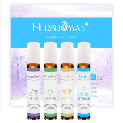 HERBROMAS Aromatherapie Öle Roller Set – 4x0,33 fl.oz natürliche Roll-On Mischungen für Schlaf, Atmung, Fokus und Stressabbau – Geschenk für Frauen und Männer