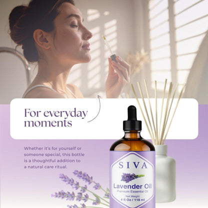 Siva Lavendel Ätherisches Öl - 118 ml – 100% natürliches Lavendelöl - für Diffuser, Gesicht, Hautpflege, Aromatherapie, Haarpflege, Kopfhaut und Körpermassage - mit Pipette