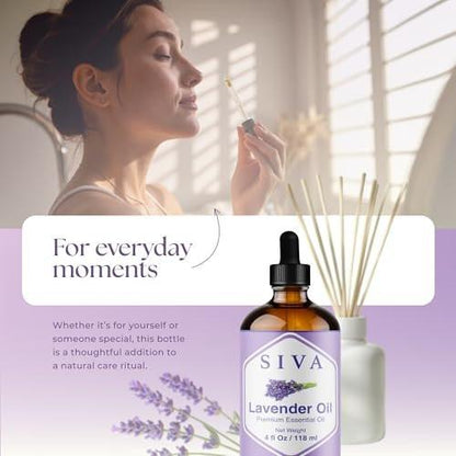 Siva Lavendel Ätherisches Öl - 118 ml – 100% natürliches Lavendelöl - für Diffuser, Gesicht, Hautpflege, Aromatherapie, Haarpflege, Kopfhaut und Körpermassage - mit Pipette