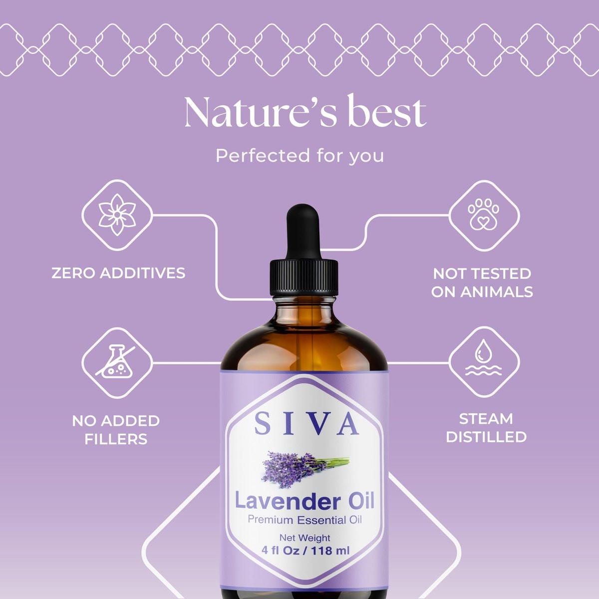 Siva Lavendel Ätherisches Öl - 118 ml – 100% natürliches Lavendelöl - für Diffuser, Gesicht, Hautpflege, Aromatherapie, Haarpflege, Kopfhaut und Körpermassage - mit Pipette