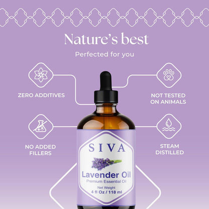 Siva Lavendel Ätherisches Öl - 118 ml – 100% natürliches Lavendelöl - für Diffuser, Gesicht, Hautpflege, Aromatherapie, Haarpflege, Kopfhaut und Körpermassage - mit Pipette