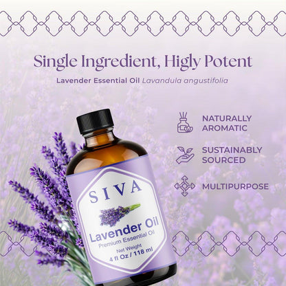 Siva Lavendel Ätherisches Öl - 118 ml – 100% natürliches Lavendelöl - für Diffuser, Gesicht, Hautpflege, Aromatherapie, Haarpflege, Kopfhaut und Körpermassage - mit Pipette